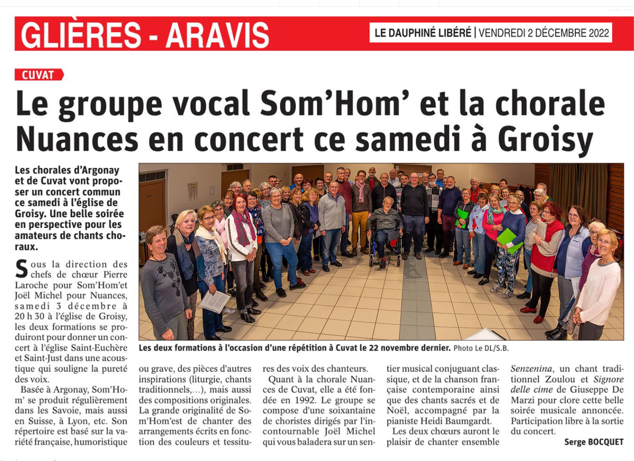 Article annonçant le concert de Nuances et Som'Hom' le 03/12/2022 (Dauphiné Libéré, Serge Bocquet, 02/12/2022)