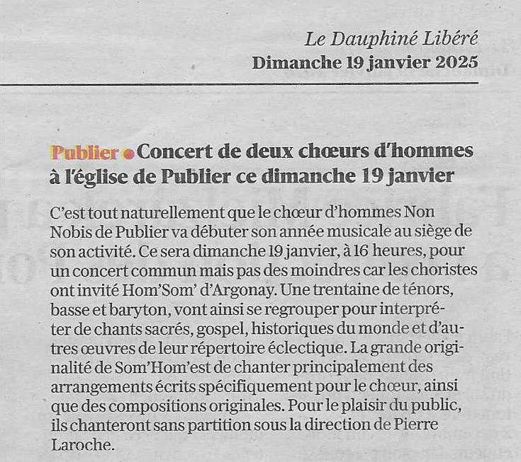 Article annonçant le concert de Nuances et Som'Hom' le 03/12/2022 (Dauphiné Libéré, Serge Bocquet, 02/12/2022)