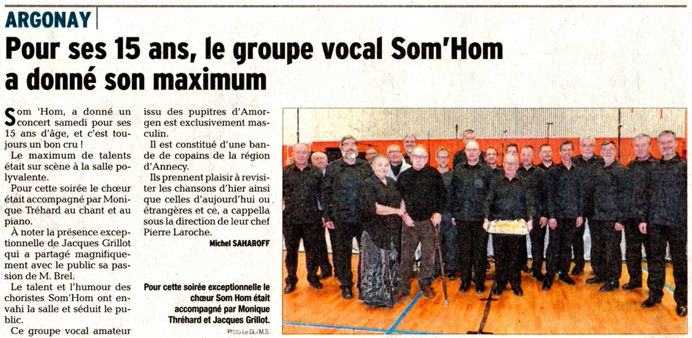 Som'Hom' fête ses 15 ans avec Monique Tréhard et Jacques Grillot (Dauphiné Libéré 30/01/2017)